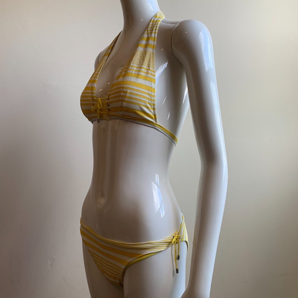Sauvage California yellow silver striped lace up halter bikini - Picture 5 of 8